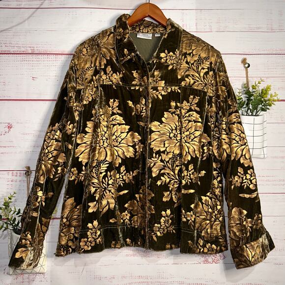 Green & Gold Floral Velvet Feel Trucker Jacket - Picture 1 of 6